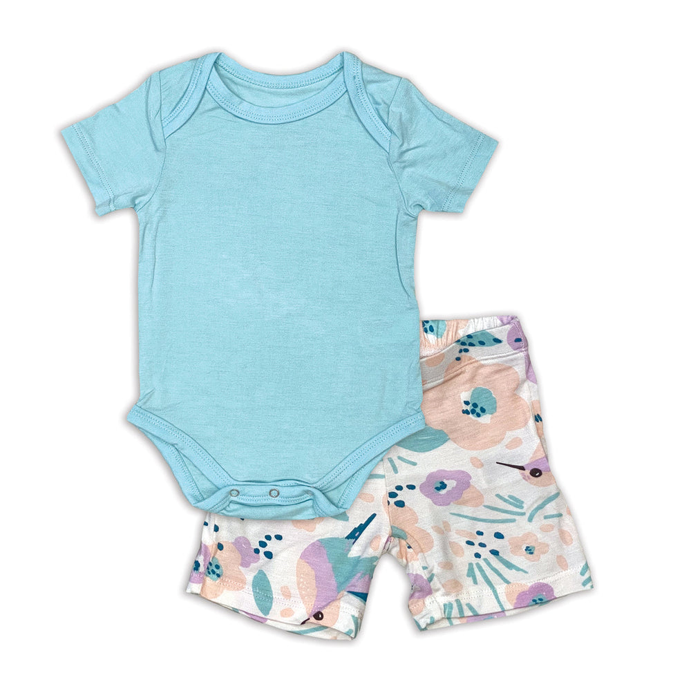 Bamboo Short Sleeve Onesie & Short Set (Cotton Candy/Hummingbird Garden Print)