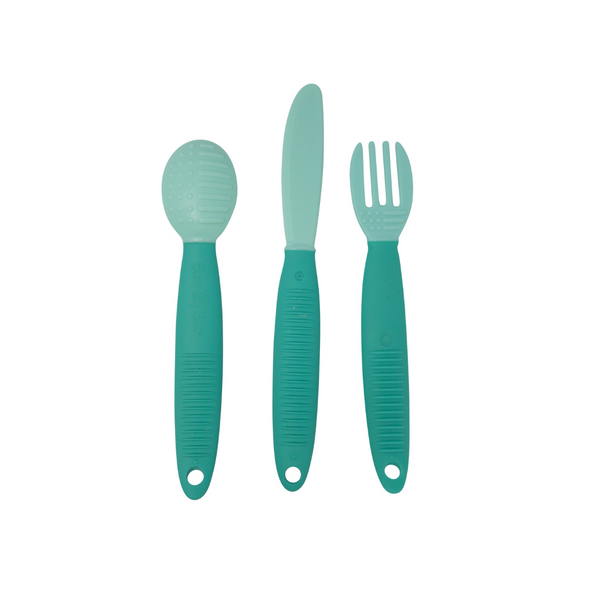 Colorful baby feeding utensils set at angle 9, perfect for little hands learning to eat.