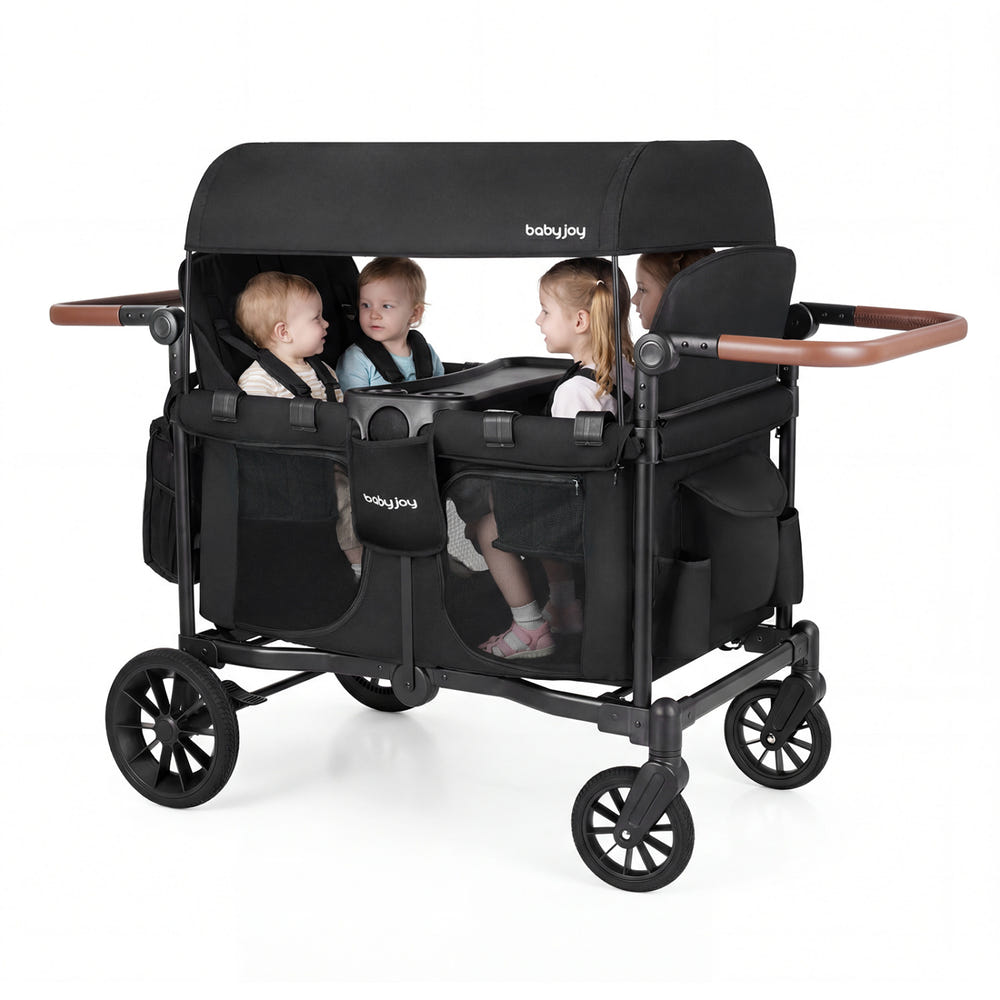 Wagon Stroller for 4 Kids Foldable 4-Seater Push-Pull Toddler Stroller