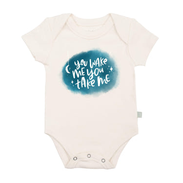 Graphic bodysuit for babies with "Wake Me" design, perfect for stylish short sleeve comfort.