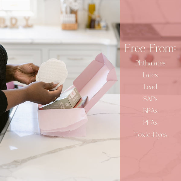 Plant-based disposable nursing pads in a natural setting, showcasing eco-friendly design and comfort for new mothers.
