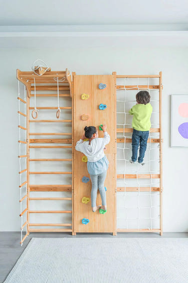 Walnut Swedish Ladder Jungle Gym - 95" Wall Mounted Indoor Baby Play Equipment