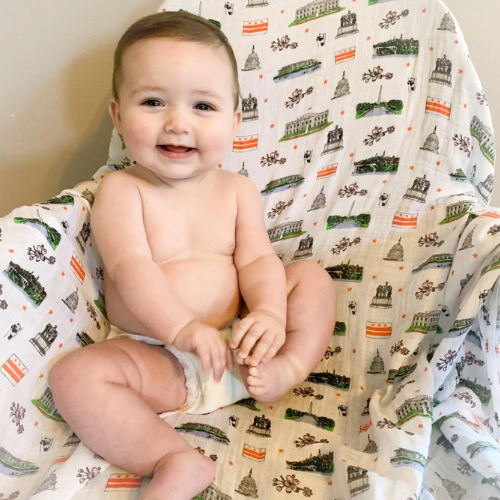 Washington D.C. baby muslin swaddle blanket and burp cloth/bib combo gift set for infants.