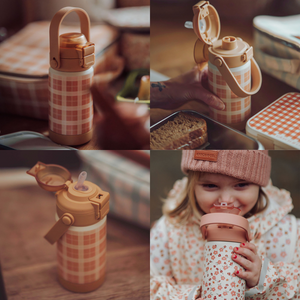 Sip + Chug 2 in 1 Thermo Water Bottle 12 oz. in Fern Plaid, angled view showcasing its stylish design and functionality.