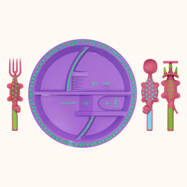 Colorful utensil and plate combo for babies, designed for easy feeding and fun mealtime experiences. Angle 9 view.