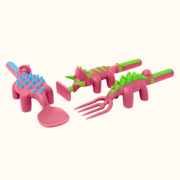 Set of 3 colorful baby utensils for toddlers, perfect for mealtime and developing self-feeding skills.