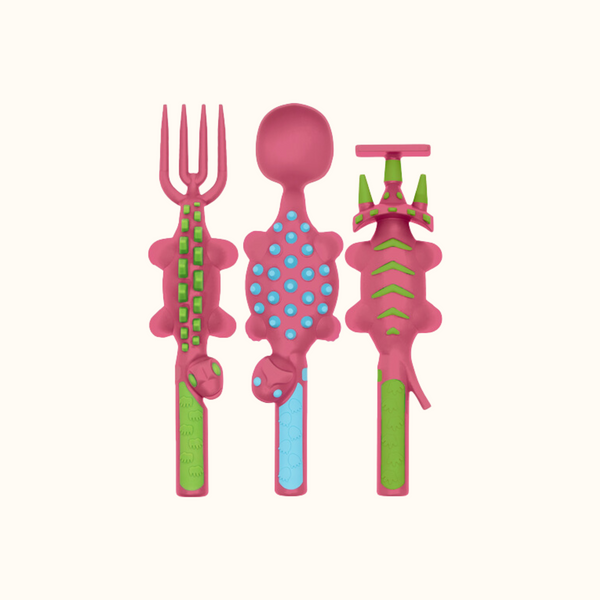 Set of 3 colorful baby utensils for toddlers, perfect for mealtime and developing self-feeding skills.