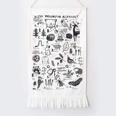 Woodland Alphabet Tapestry for nursery decor featuring playful animal designs and letters. Perfect for baby rooms.