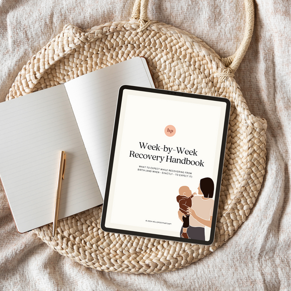 "Week-by-Week Postpartum Recovery Handbook eBook for new mothers, shown from angle 3."