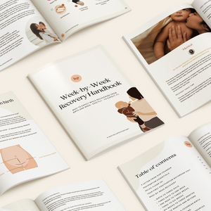 "Week-by-Week Postpartum Recovery Handbook eBook cover at angle 2, guiding new moms through recovery."