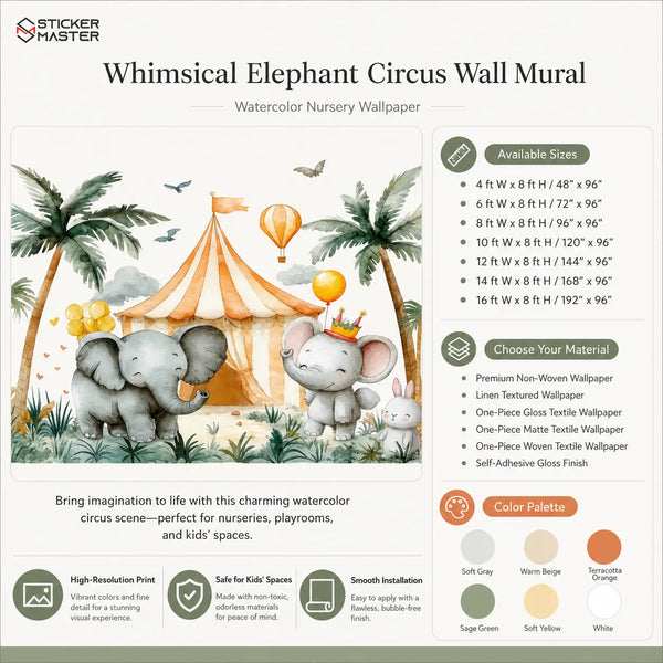 Whimsical Elephant Circus Wall Mural