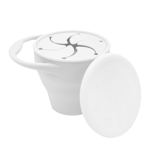 Silicone collapsible snack cup in various colors, perfect for toddlers and on-the-go snacking.