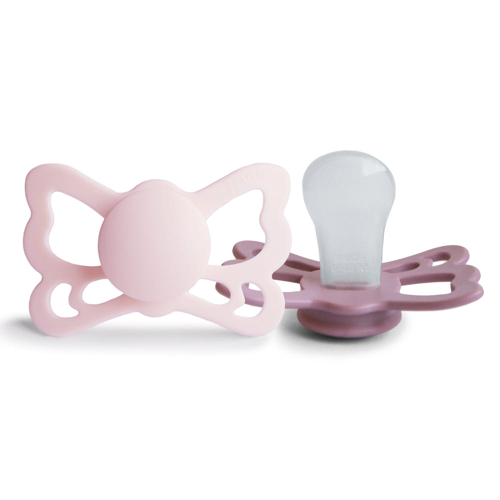 FRIGG Butterfly Anatomical Silicone Pacifier 2-Pack for babies 6-18 months, featuring a cute butterfly design.