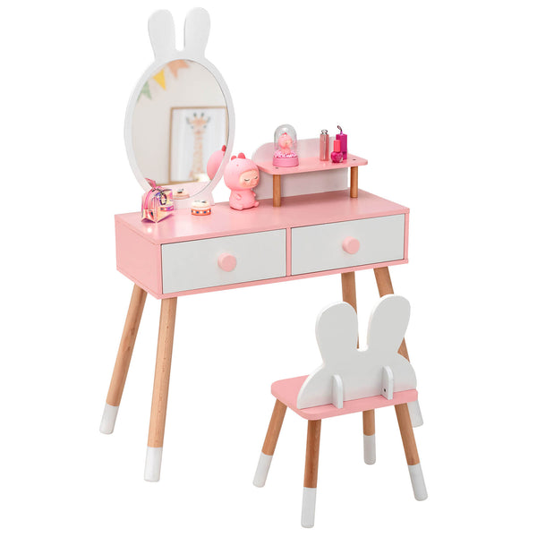 Kids vanity table and chair set with drawer shelf and rabbit mirror, perfect for playtime and sleepover fun.