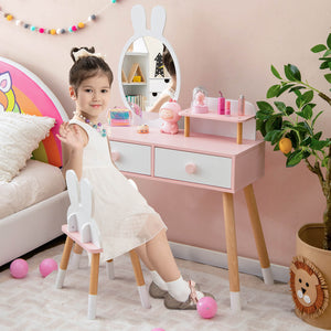 Kids vanity table and chair set with drawer shelf and rabbit mirror, perfect for imaginative play in bedding and sleep.