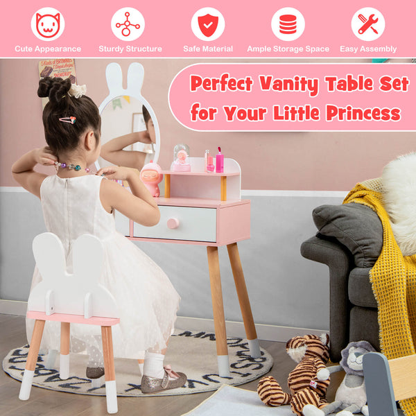 Kids vanity table and chair set with drawer shelf and rabbit mirror, perfect for bedtime routines and playtime.
