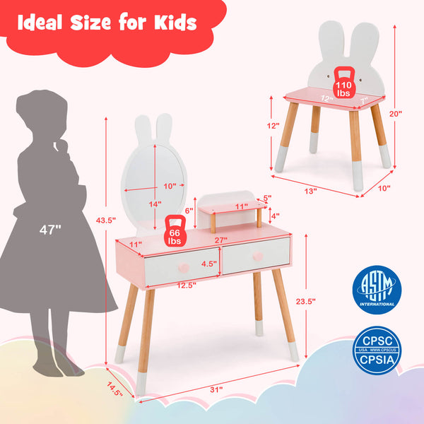 Kids vanity table and chair set with drawer shelf and rabbit mirror, perfect for bedtime routines and playtime fun.