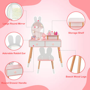 Kids vanity table and chair set with drawer shelf and rabbit mirror, perfect for playtime and sleepovers.