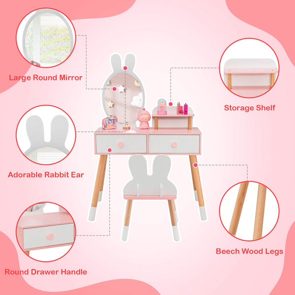 Kids vanity table and chair set with drawer shelf and rabbit mirror, perfect for playtime and sleepovers.