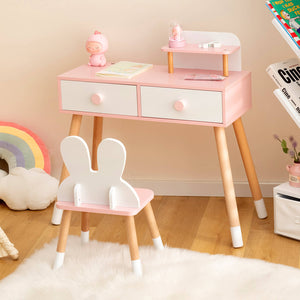 Kids vanity table and chair set with drawer shelf and rabbit mirror, perfect for playtime and sleep routines.