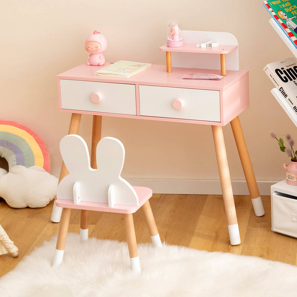 Kids vanity table and chair set with drawer shelf and rabbit mirror, perfect for playtime and sleep routines.