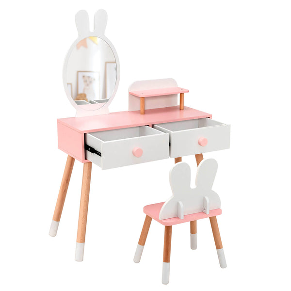 Kids vanity table and chair set with drawer shelf and rabbit mirror, perfect for playtime and bedroom decor.