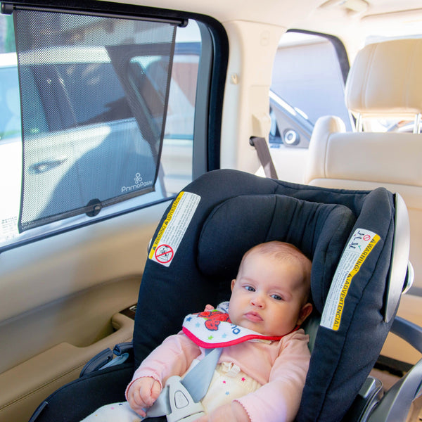 Primo Passi Roller Window Sun Shade for Car, 2Pk, Black - Baby stroller accessory, angle view.