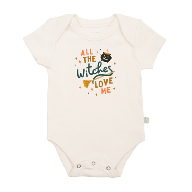 Short sleeve graphic bodysuit for babies with "Witches Love Me" design. Perfect for Halloween or everyday wear.