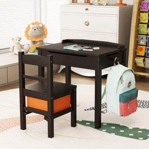 Wood activity kids table and chair set with storage, perfect for playtime and learning in a cozy bedroom setting.