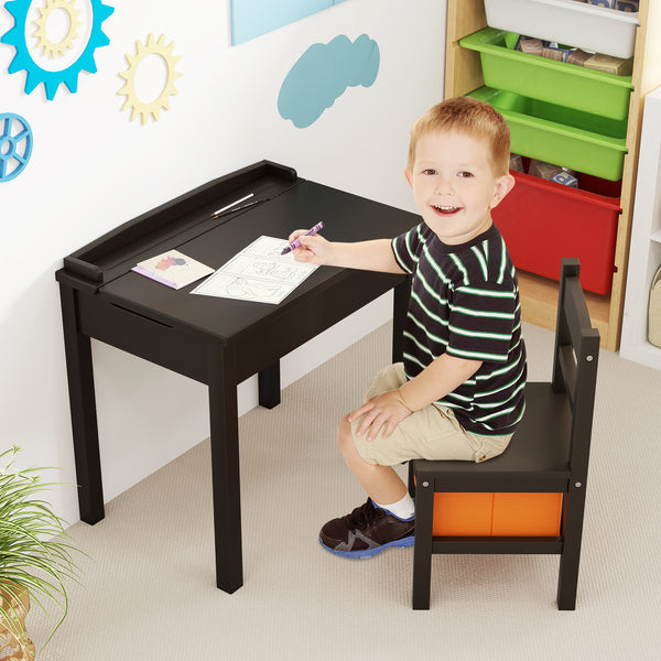 Wood activity kids table and chair set with storage, perfect for playtime and organized spaces. Angle view 26.
