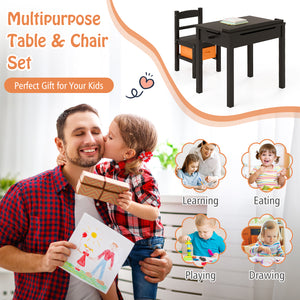 Wood activity kids table and chair set with storage, perfect for playtime and learning in a cozy bedroom setting.