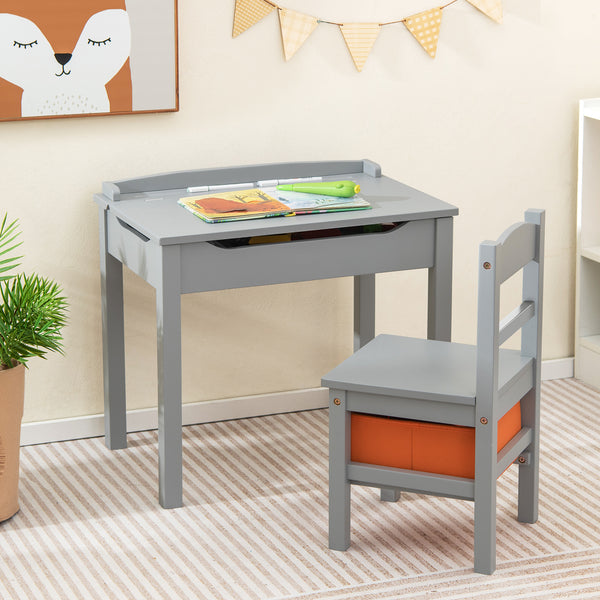 Wood activity kids table and chair set with storage space, perfect for playtime and learning. Angle 17 view.