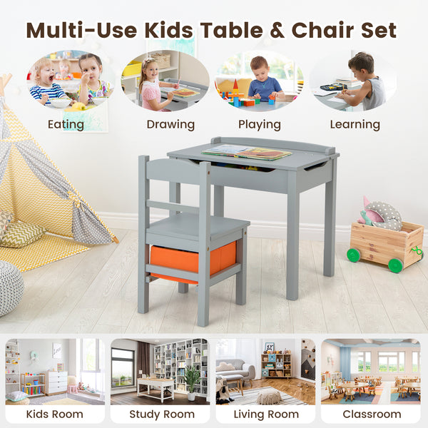 Wood activity kids table and chair set with storage, perfect for playtime and learning in a cozy bedroom setting.