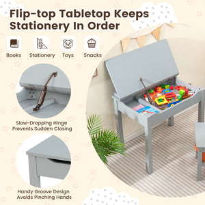 Wood activity kids table and chair set with storage space, perfect for playtime and organization. Angle view 23.