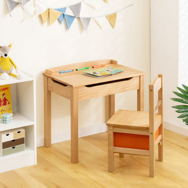 Wood activity kids table and chair set with storage space for playtime and organization. Perfect for toddlers!