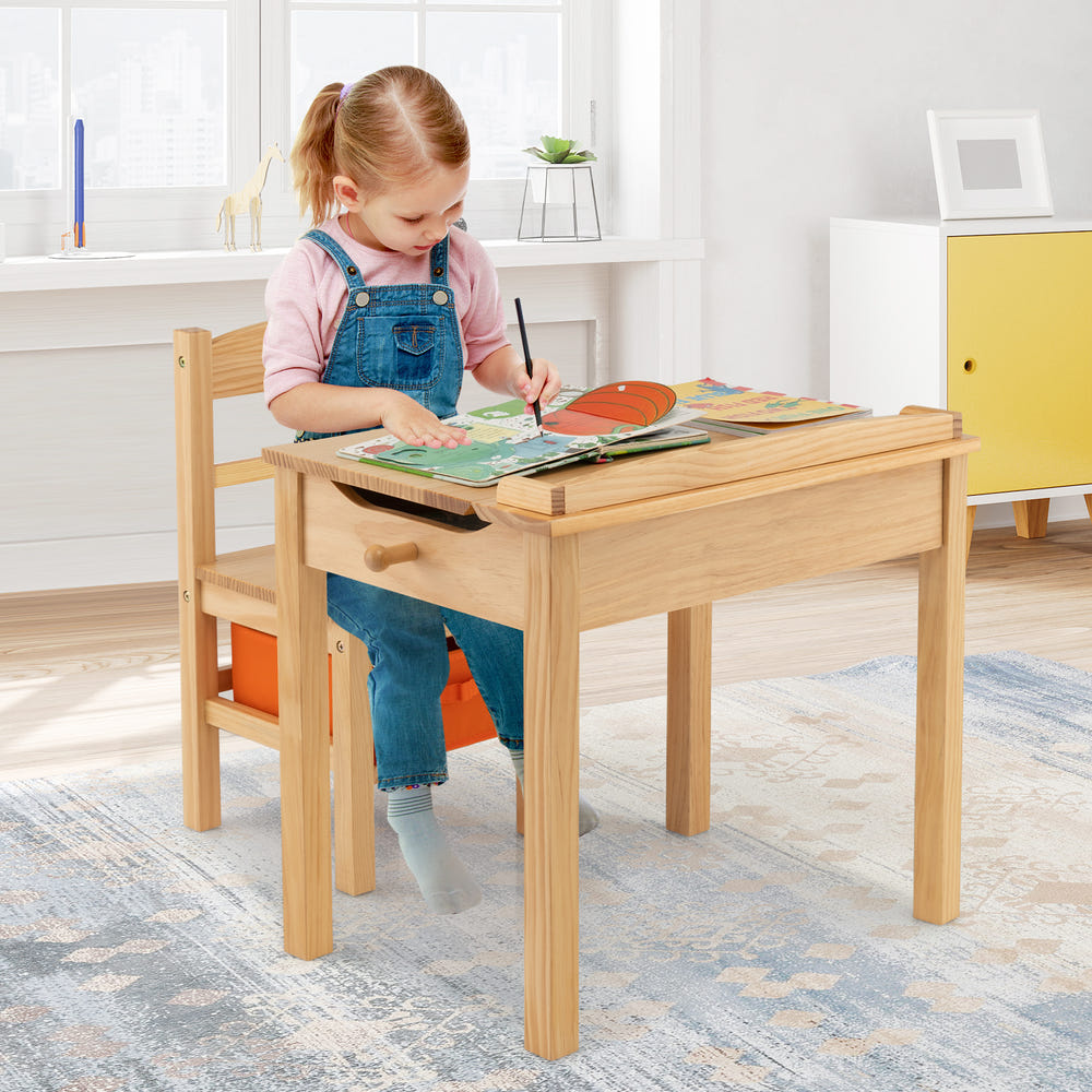 Wood activity kids table and chair set with storage space for playtime and organization. Perfect for toddlers!