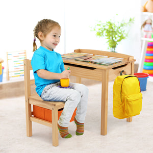 Wood activity kids table and chair set with storage, perfect for playtime and learning in a cozy bedroom.