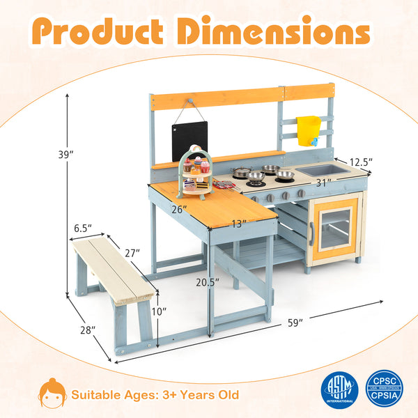 Fir Wood Play Kitchen with Kids Picnic Table and Built-in Bench