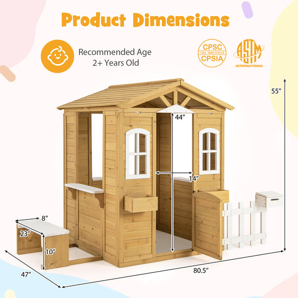 Wood Playhouse with Bench and Serving Stations for 2+ Years Old Kids