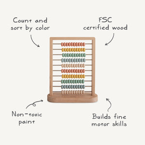 Colorful wooden abacus at angle 2, perfect for early learning and developing counting skills in babies and toddlers.