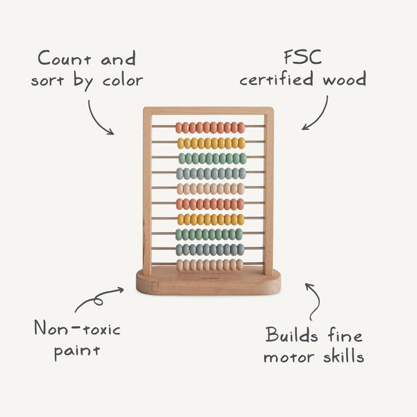 Colorful wooden abacus at angle 2, perfect for early learning and developing counting skills in babies and toddlers.