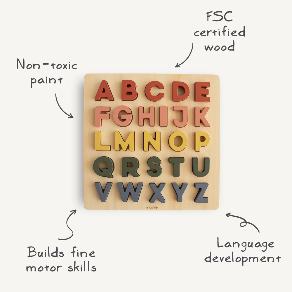 Wooden alphabet puzzle for babies, featuring colorful letters and a sturdy design for early learning and play.
