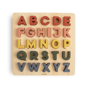 Wooden alphabet puzzle for babies, featuring colorful letters and a sturdy design for early learning and play.