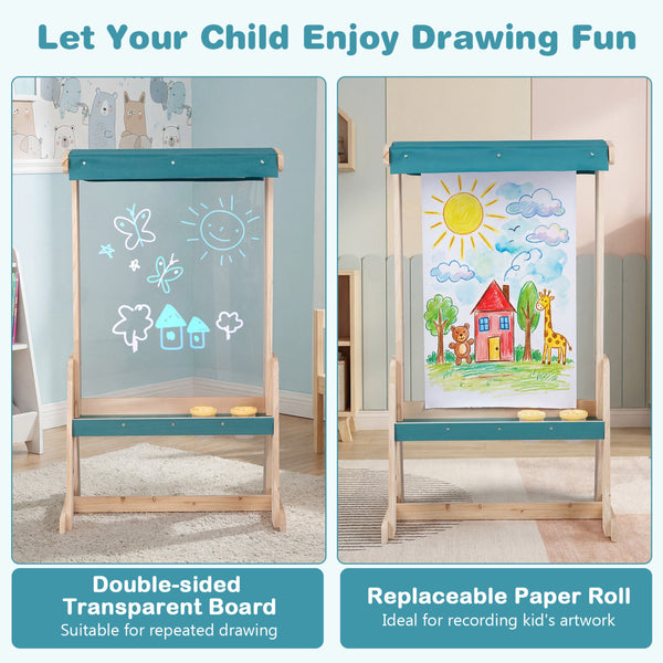 Wooden Art Easel for Kids with Transparent Board and Paper Roll