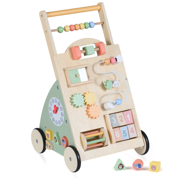 Wooden Baby Walker with Wheels and Storage Basket - Educational
