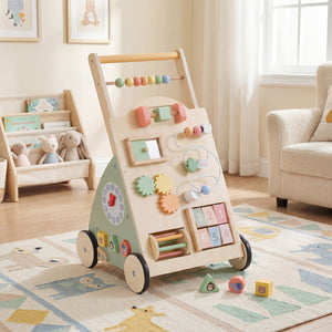 Wooden Baby Walker with Wheels and Storage Basket - Educational