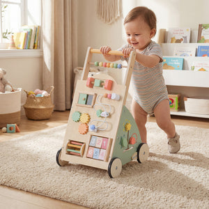 Wooden Baby Walker with Wheels and Storage Basket - Educational
