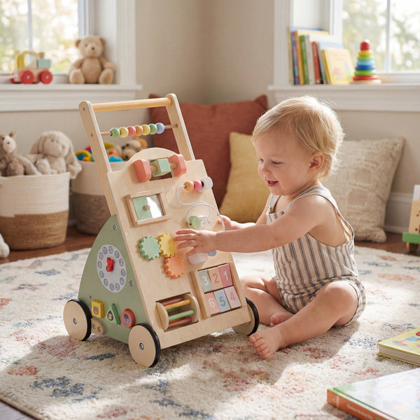 Wooden Baby Walker with Wheels and Storage Basket - Educational