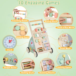 Wooden Baby Walker with Wheels and Storage Basket - Educational
