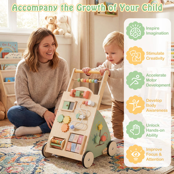 Wooden Baby Walker with Wheels and Storage Basket - Educational